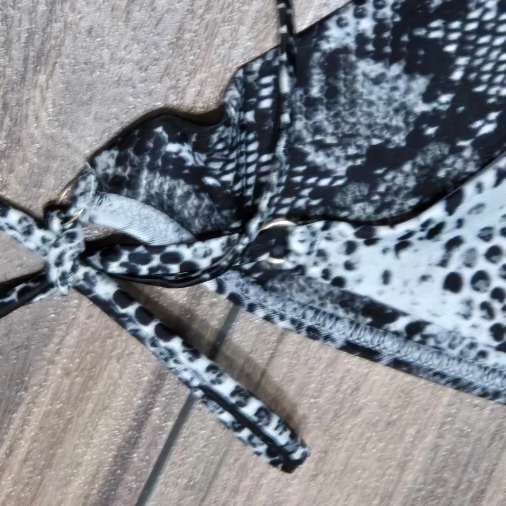 Aerie Black White Snakeskin Print Side Tie Bikini Bottoms Small Low Rise S/M
